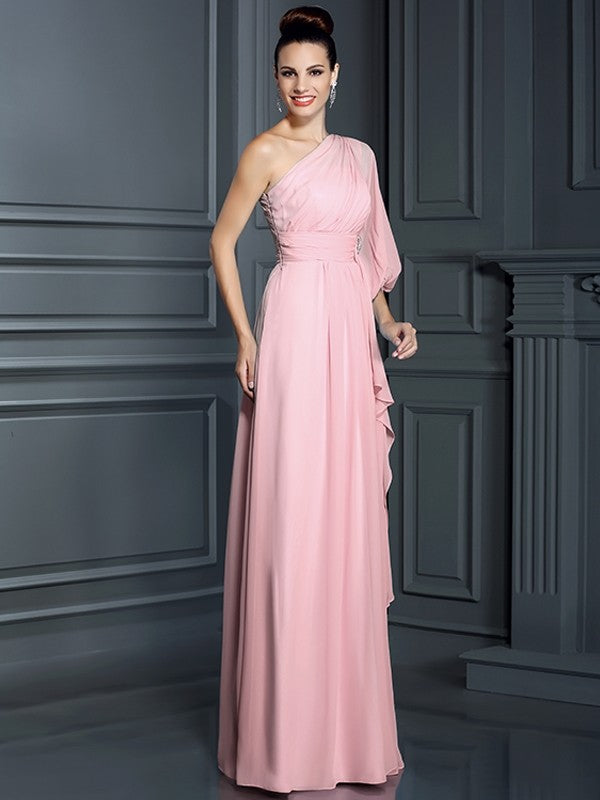 Charming One Shoulder 3/4 Sleeves Long Chiffon Bridesmaid Dresses-Ballbella