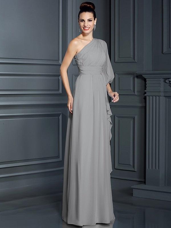 Charming One Shoulder 3/4 Sleeves Long Chiffon Bridesmaid Dresses-Ballbella