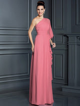 Charming One Shoulder 3/4 Sleeves Long Chiffon Bridesmaid Dresses-Ballbella