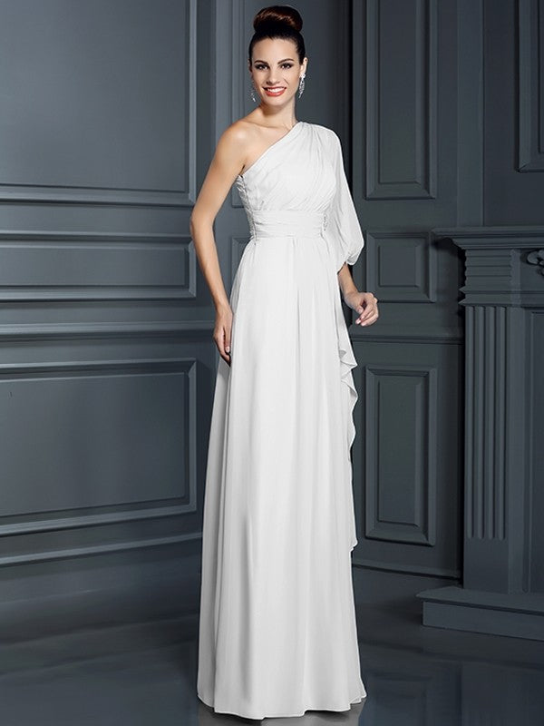 Charming One Shoulder 3/4 Sleeves Long Chiffon Bridesmaid Dresses-Ballbella