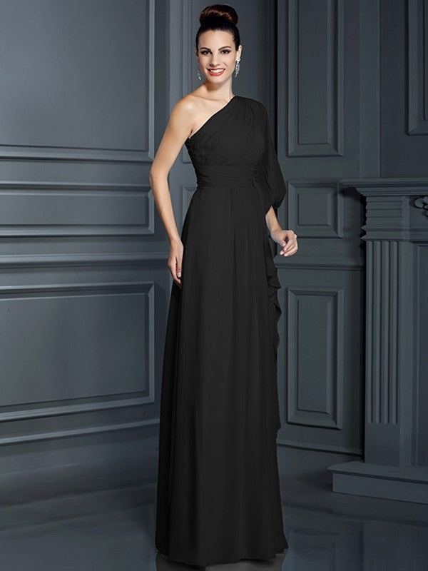 Charming One Shoulder 3/4 Sleeves Long Chiffon Bridesmaid Dresses-Ballbella
