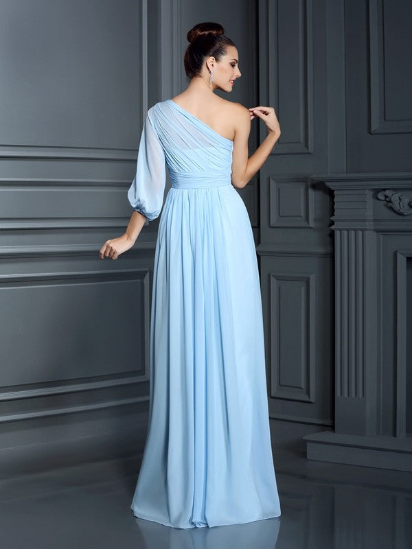 Charming One Shoulder 3/4 Sleeves Long Chiffon Bridesmaid Dresses-Ballbella