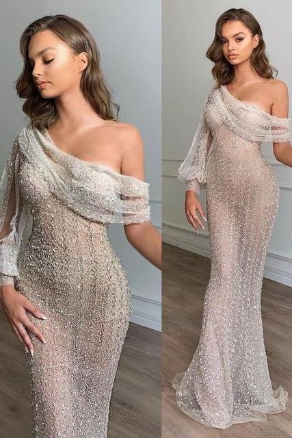 Charming One Shoulder Chic Slim Floor Length Prom Party Gowns-Ballbella