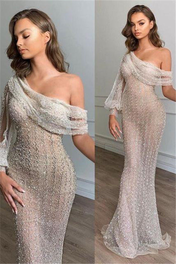 Charming One Shoulder Chic Slim Floor Length Prom Party Gowns-Ballbella