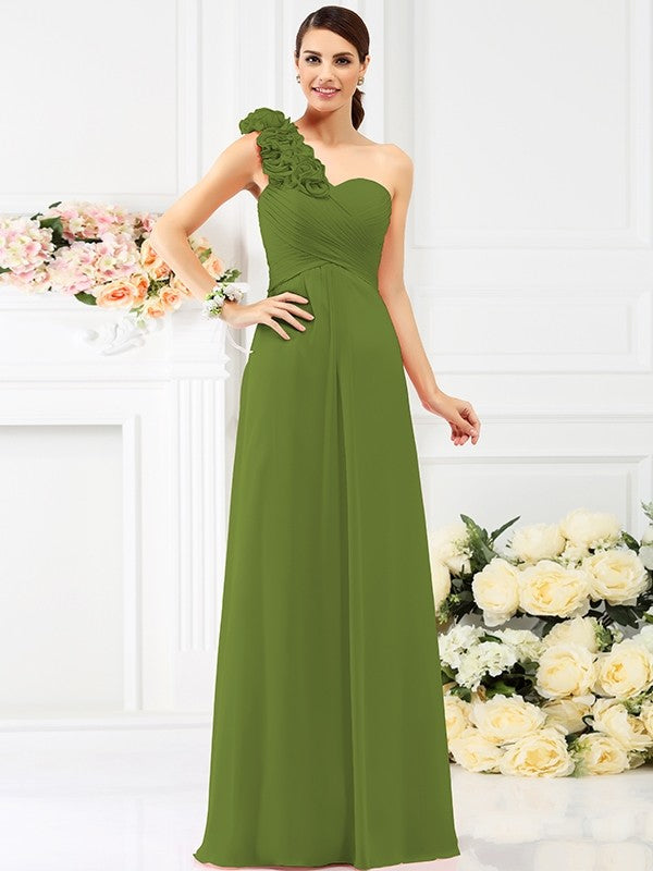 Charming One Shoulder Hand-Made Flower Sleeveless Long Chiffon Bridesmaid Dresses-Ballbella