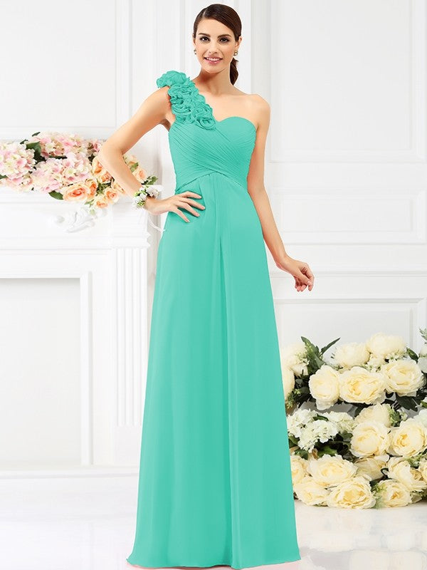 Charming One Shoulder Hand-Made Flower Sleeveless Long Chiffon Bridesmaid Dresses-Ballbella