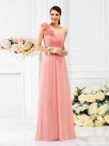 Charming One Shoulder Hand-Made Flower Sleeveless Long Chiffon Bridesmaid Dresses-Ballbella