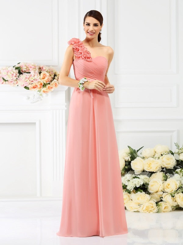 Charming One Shoulder Hand-Made Flower Sleeveless Long Chiffon Bridesmaid Dresses-Ballbella