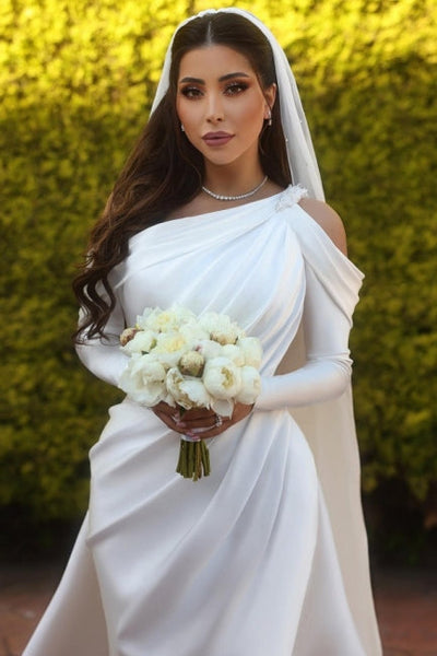 Charming One Shoulder Long Sleeves Mermaid Wedding Dress with Ruffles Long