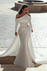 Charming One Shoulder Long Sleeves Mermaid Wedding Dress With Ruffles Long-Ballbella