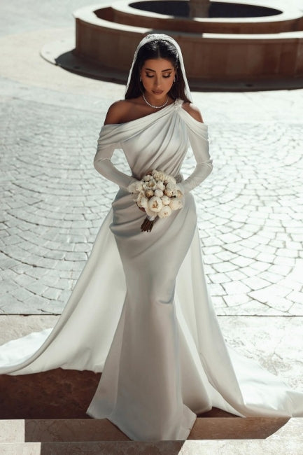Charming One Shoulder Long Sleeves Mermaid Wedding Dress With Ruffles Long-Ballbella