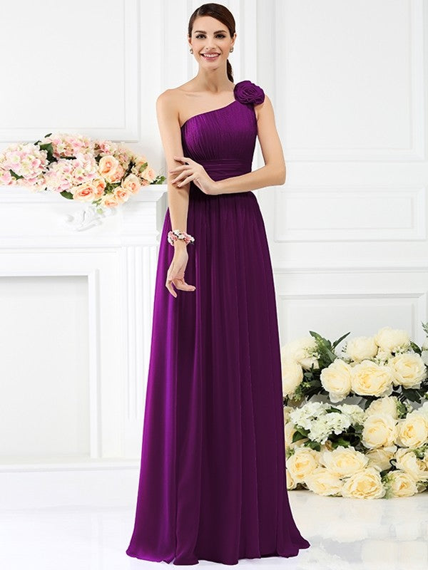 one shoulder bridesmaid dress Charming One Shoulder Pleats Hand-Made Flower Sleeveless Long Chiffon Bridesmaid Dresses
