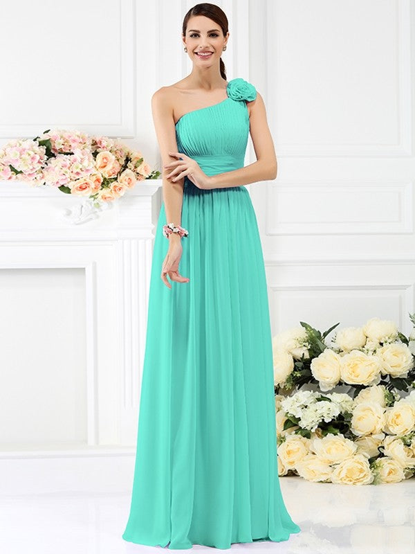 Charming One Shoulder Pleats Hand-Made Flower Sleeveless Long Chiffon Bridesmaid Dresses Charming One Shoulder Pleats Hand-Made Flower Sleeveless Long Chiffon Bridesmaid Dresses