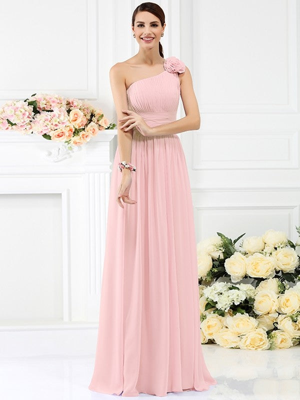 Charming One Shoulder Pleats Hand-Made Flower Sleeveless Long Chiffon Bridesmaid Dresses Charming One Shoulder Pleats Hand-Made Flower Sleeveless Long Chiffon Bridesmaid Dresses