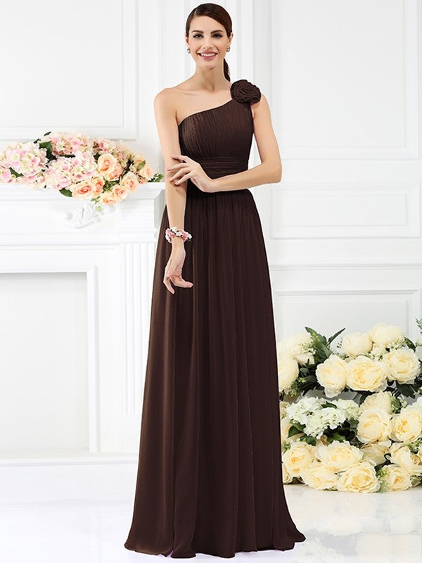 Charming One Shoulder Pleats Hand-Made Flower Sleeveless Long Chiffon Bridesmaid Dresses Charming One Shoulder Pleats Hand-Made Flower Sleeveless Long Chiffon Bridesmaid Dresses