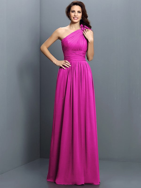 Charming One Shoulder Pleats Sleeveless Long Chiffon Bridesmaid Dresses-Ballbella