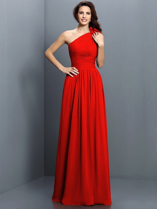 Charming One Shoulder Pleats Sleeveless Long Chiffon Bridesmaid Dresses-Ballbella
