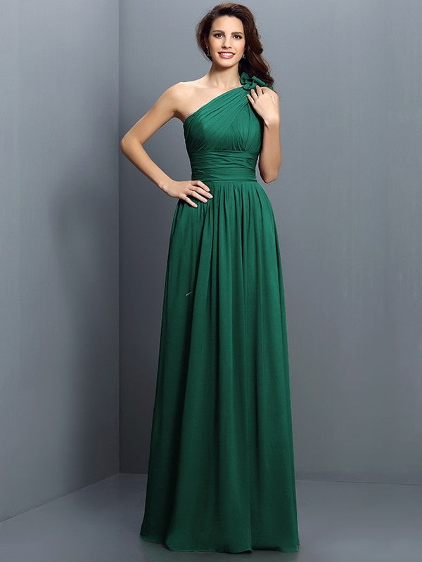 Charming One Shoulder Pleats Sleeveless Long Chiffon Bridesmaid Dresses-Ballbella