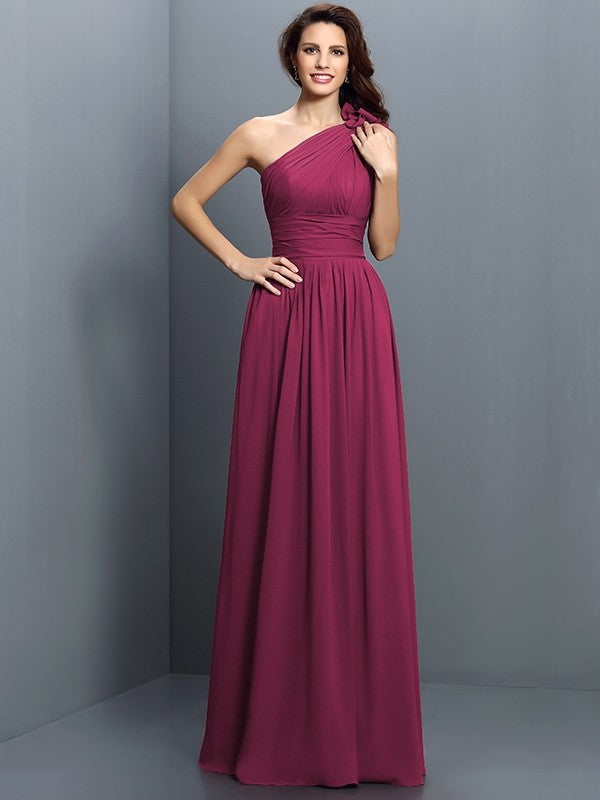 Charming One Shoulder Pleats Sleeveless Long Chiffon Bridesmaid Dresses-Ballbella