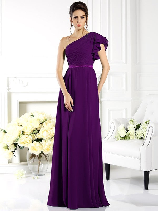 Charming One Shoulder Ruffles Sleeveless Long Chiffon Bridesmaid Dresses-Ballbella