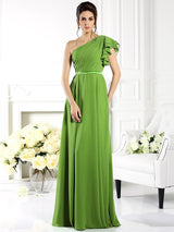 Charming One Shoulder Ruffles Sleeveless Long Chiffon Bridesmaid Dresses-Ballbella