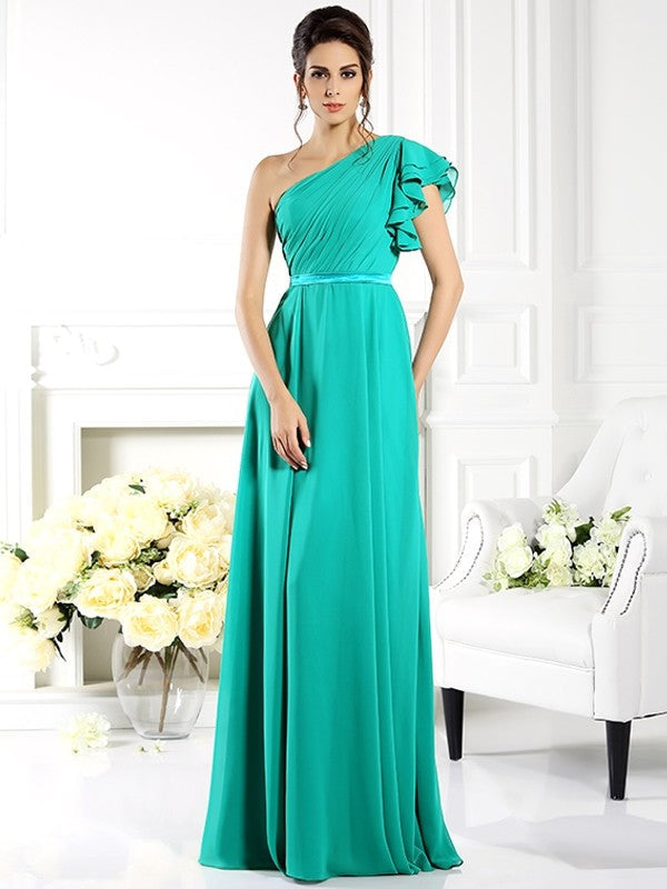 Charming One Shoulder Ruffles Sleeveless Long Chiffon Bridesmaid Dresses-Ballbella