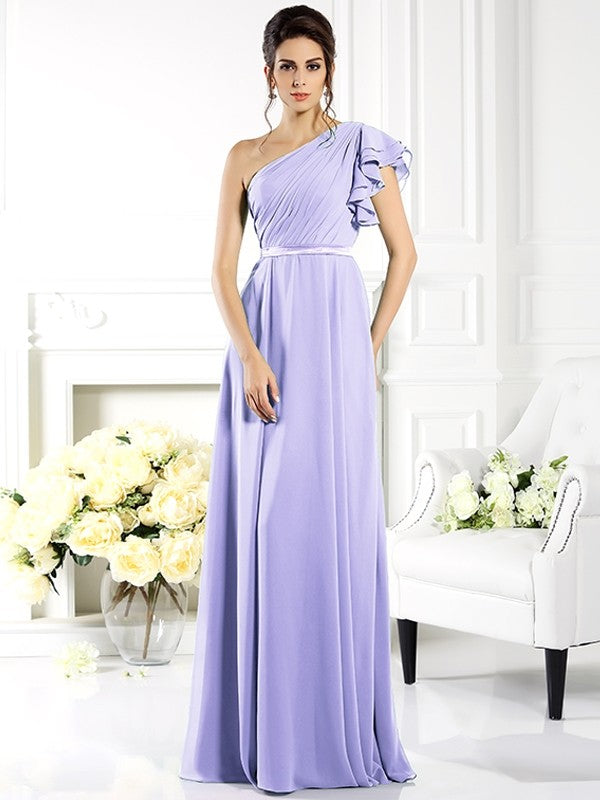 Charming One Shoulder Ruffles Sleeveless Long Chiffon Bridesmaid Dresses-Ballbella