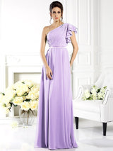 Charming One Shoulder Ruffles Sleeveless Long Chiffon Bridesmaid Dresses-Ballbella