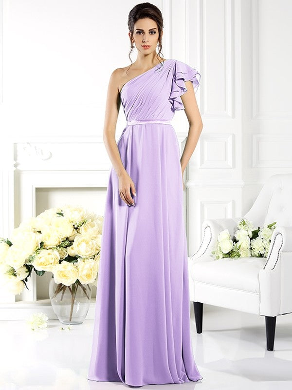 Charming One Shoulder Ruffles Sleeveless Long Chiffon Bridesmaid Dresses-Ballbella