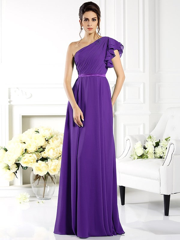 Charming One Shoulder Ruffles Sleeveless Long Chiffon Bridesmaid Dresses-Ballbella