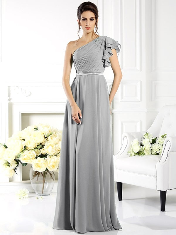 Charming One Shoulder Ruffles Sleeveless Long Chiffon Bridesmaid Dresses-Ballbella