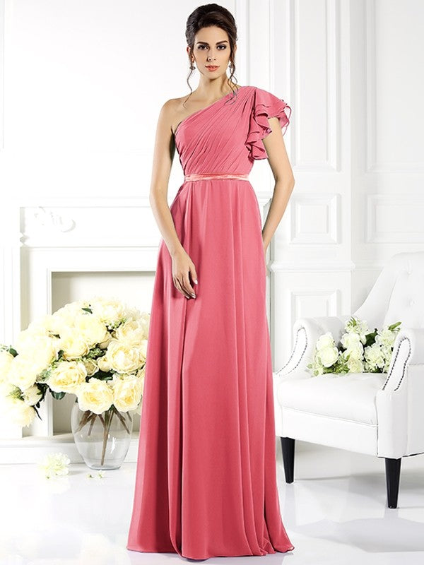 Charming One Shoulder Ruffles Sleeveless Long Chiffon Bridesmaid Dresses-Ballbella