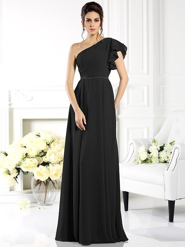 Charming One Shoulder Ruffles Sleeveless Long Chiffon Bridesmaid Dresses-Ballbella