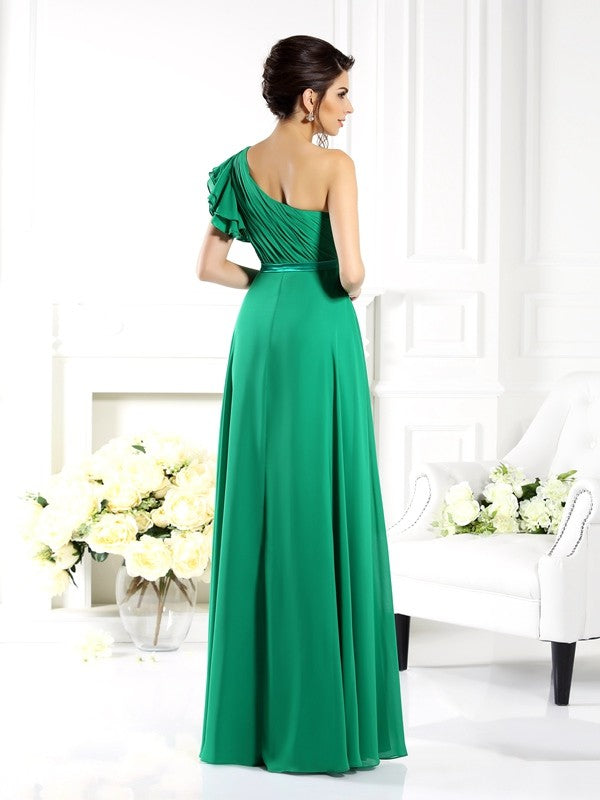 Charming One Shoulder Ruffles Sleeveless Long Chiffon Bridesmaid Dresses-Ballbella