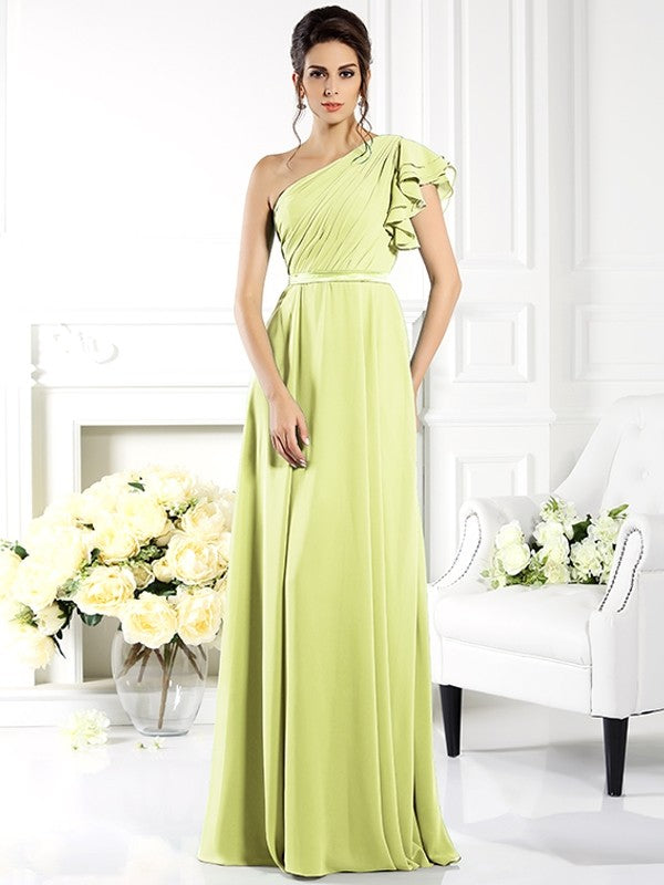 Charming One Shoulder Ruffles Sleeveless Long Chiffon Bridesmaid Dresses-Ballbella
