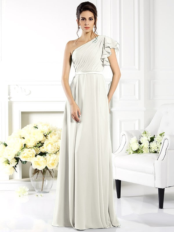 A-Line Charming One Shoulder Ruffles Sleeveless Long Chiffon Bridesmaid Dresses