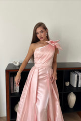 Charming Pink One Shoulder Sleeveless Satin Mermaid Prom Dresses Detachable Skirt With Bow Knot-Ballbella
