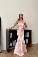 Charming Pink One Shoulder Sleeveless Satin Mermaid Prom Dresses Detachable Skirt With Bow Knot-Ballbella