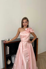 Charming Pink One Shoulder Sleeveless Satin Mermaid Prom Dresses Detachable Skirt With Bow Knot-Ballbella