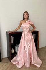 Charming Pink One Shoulder Sleeveless Satin Mermaid Prom Dresses Detachable Skirt With Bow Knot-Ballbella