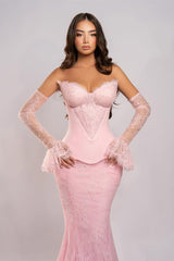 Charming Pink Sweetheart Strapless Lace Mermaid Prom Dress Detachable Long Sleeves On Sale-Ballbella