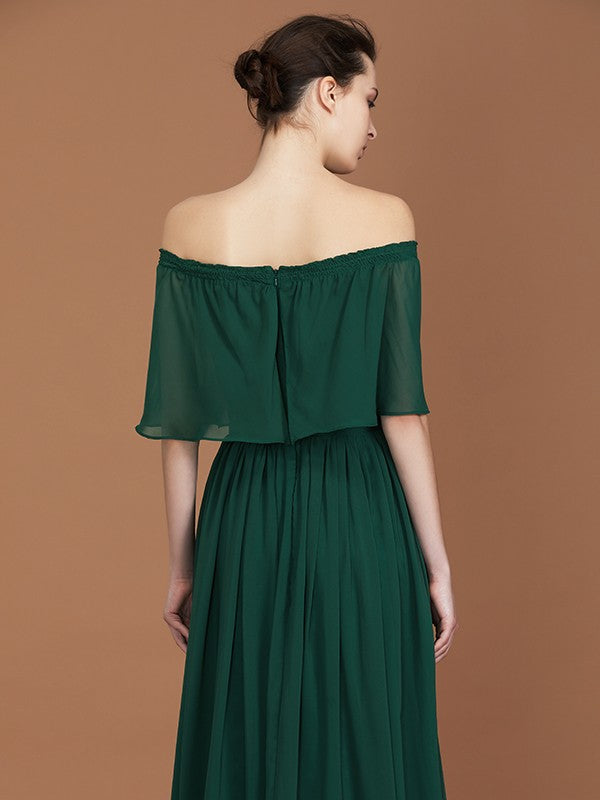 Charming Pleats Off-the-Shoulder Chiffon Bridesmaid Dress-Ballbella