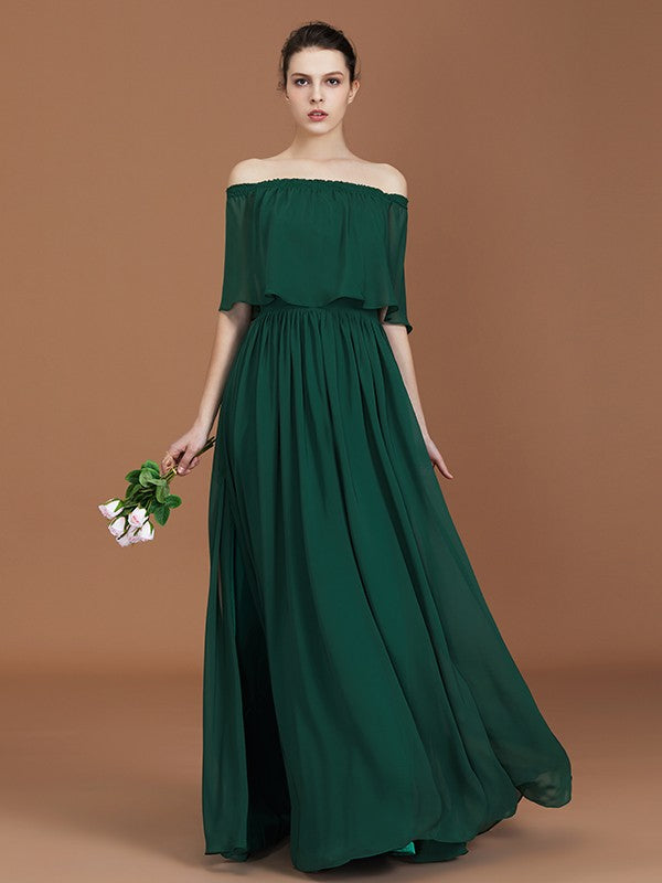 Charming Pleats Off-the-Shoulder Chiffon Bridesmaid Dress-Ballbella