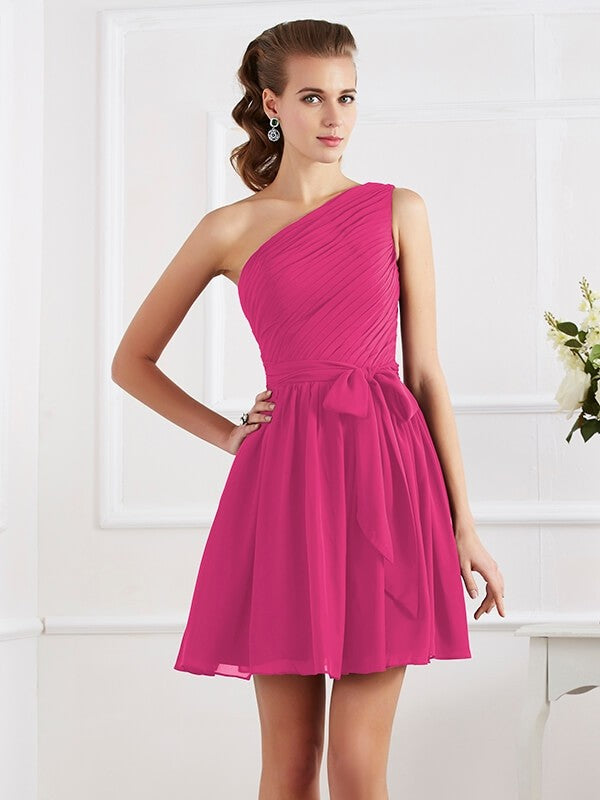 Charming Pleats One Shoulder Sleeveless Short Chiffon Bridesmaid Dresses-Ballbella