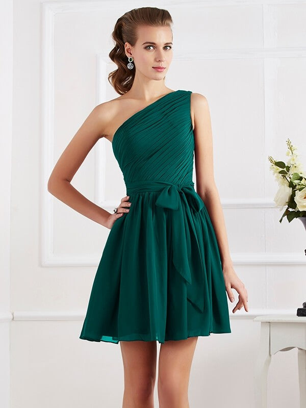 Charming Pleats One Shoulder Sleeveless Short Chiffon Bridesmaid Dresses-Ballbella