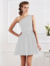 A-Line Charming Pleats One Shoulder Sleeveless Short Chiffon Bridesmaid Dresses