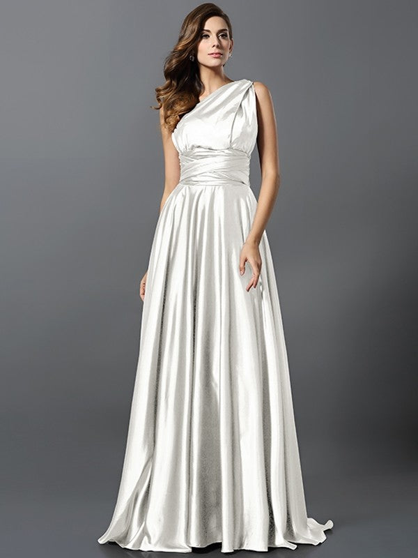 A-Line Charming Pleats Sleeveless Long Silk like Satin Bridesmaid Dresses