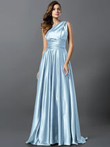 A-Line Charming Pleats Sleeveless Long Silk like Satin Bridesmaid Dresses