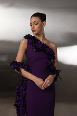 Charming Purple One Shoulder Sleeveless Satin Prom Dress Sheath Long With Flower-Ballbella