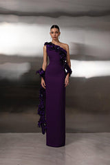 Charming Purple One Shoulder Sleeveless Satin Prom Dress Sheath Long With Flower-Ballbella